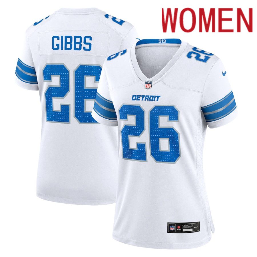 Women Detroit Lions #26 Jahmyr Gibbs Nike White Game NFL Jersey